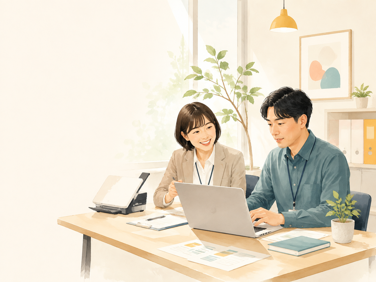 支援員と一緒に、明るいオフィスでパソコン作業に取り組む様子