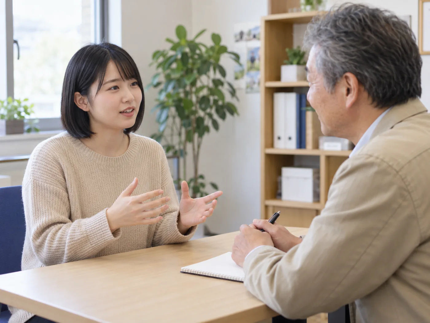 支援員に話を聞いてもらいながら、面接の練習をする女性