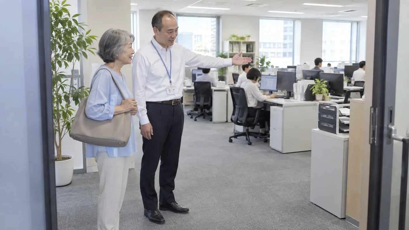 スタッフと一緒に立ってパソコン作業室を見学する女性
