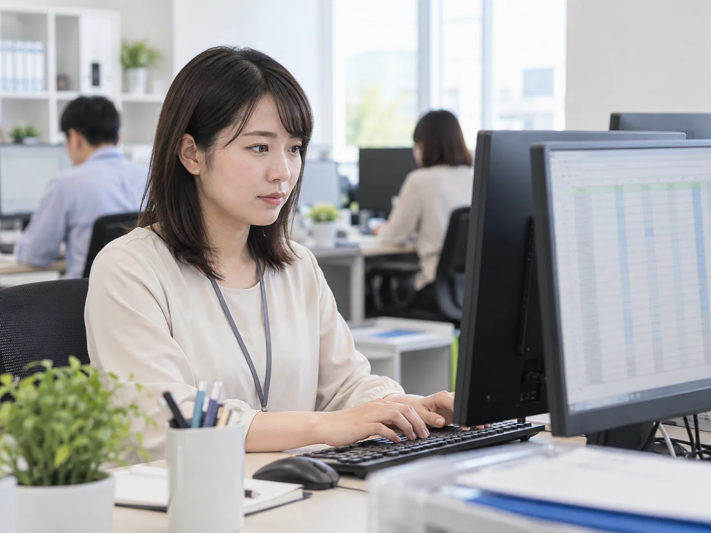 パソコンで入力内容を確認しながら作業する人